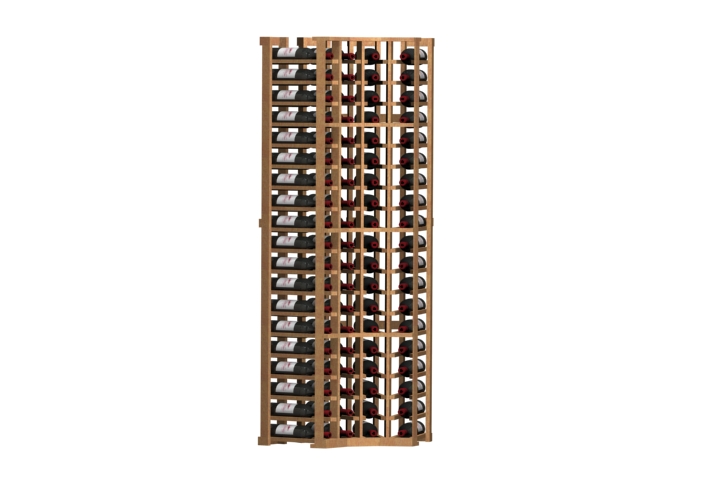 a row of wine bottles in a wooden rack