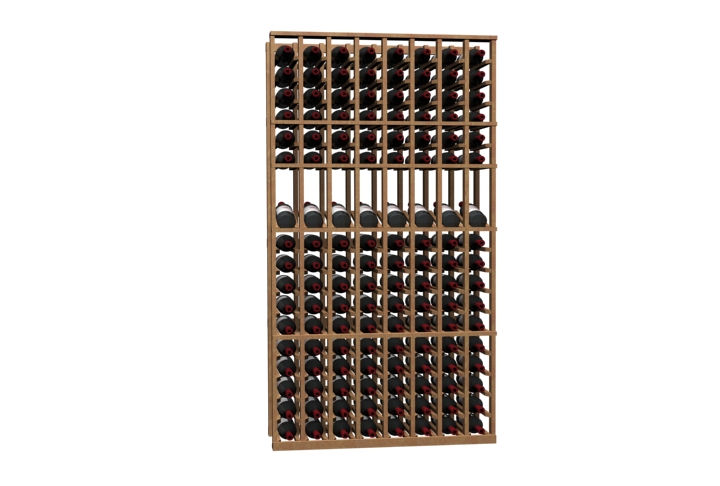 a wooden wine rack filled with bottles of wine