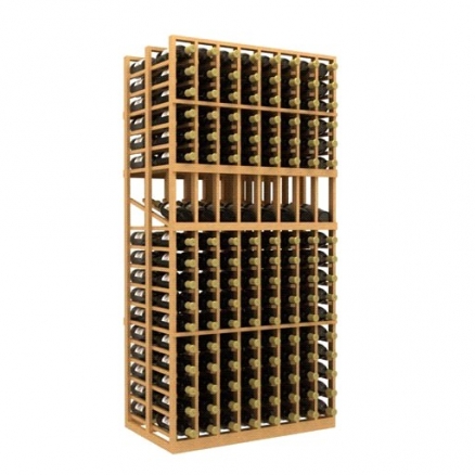 a wooden wine rack filled with many bottles of wine