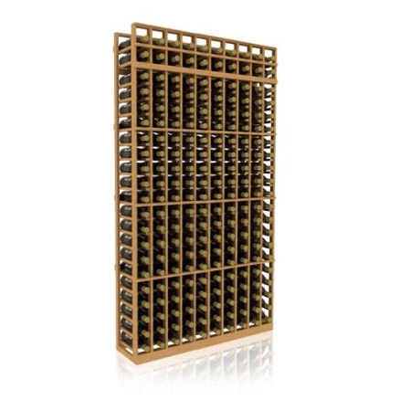 a wooden wine rack filled with many bottles of wine