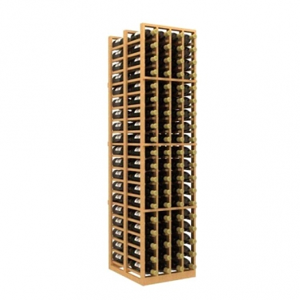 a wooden wine rack filled with bottles of wine on a white background .