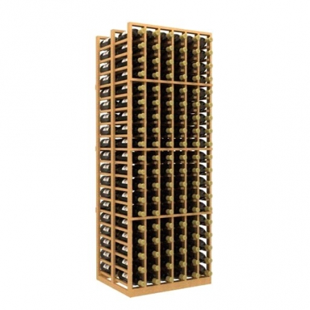 a wooden wine rack filled with many bottles of wine