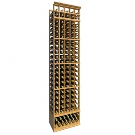 a wooden wine rack filled with many bottles of wine