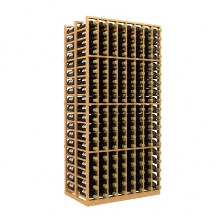 a wooden wine rack filled with many bottles of wine