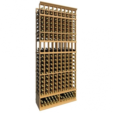 a wooden wine rack filled with many bottles of wine