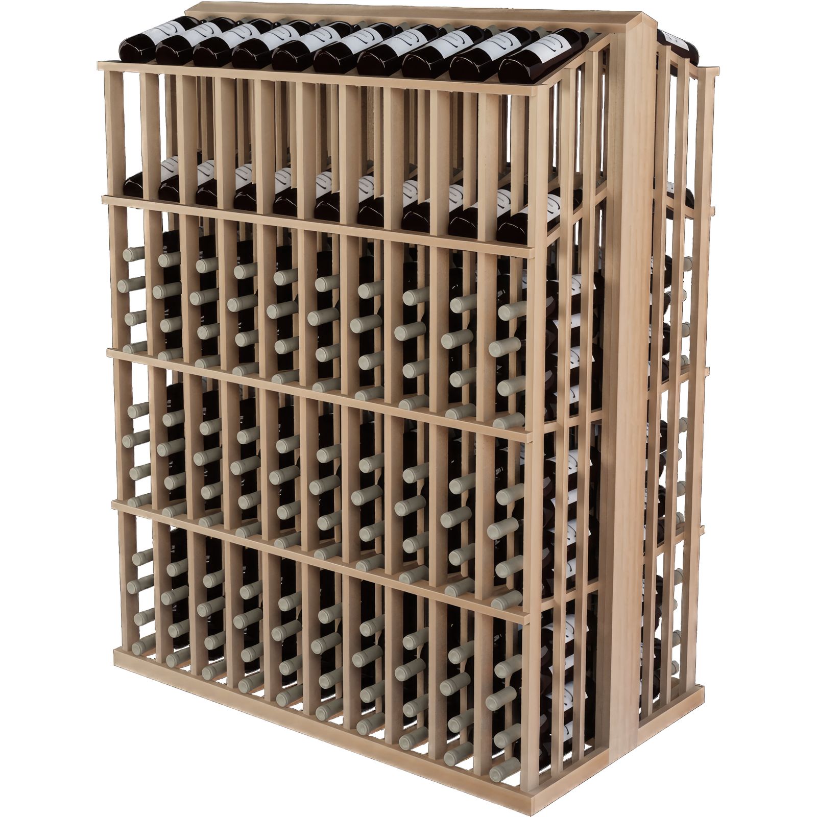 a wooden wine rack filled with bottles of wine on a white background . a wooden wine rack filled with bottles of wine on a white background .
