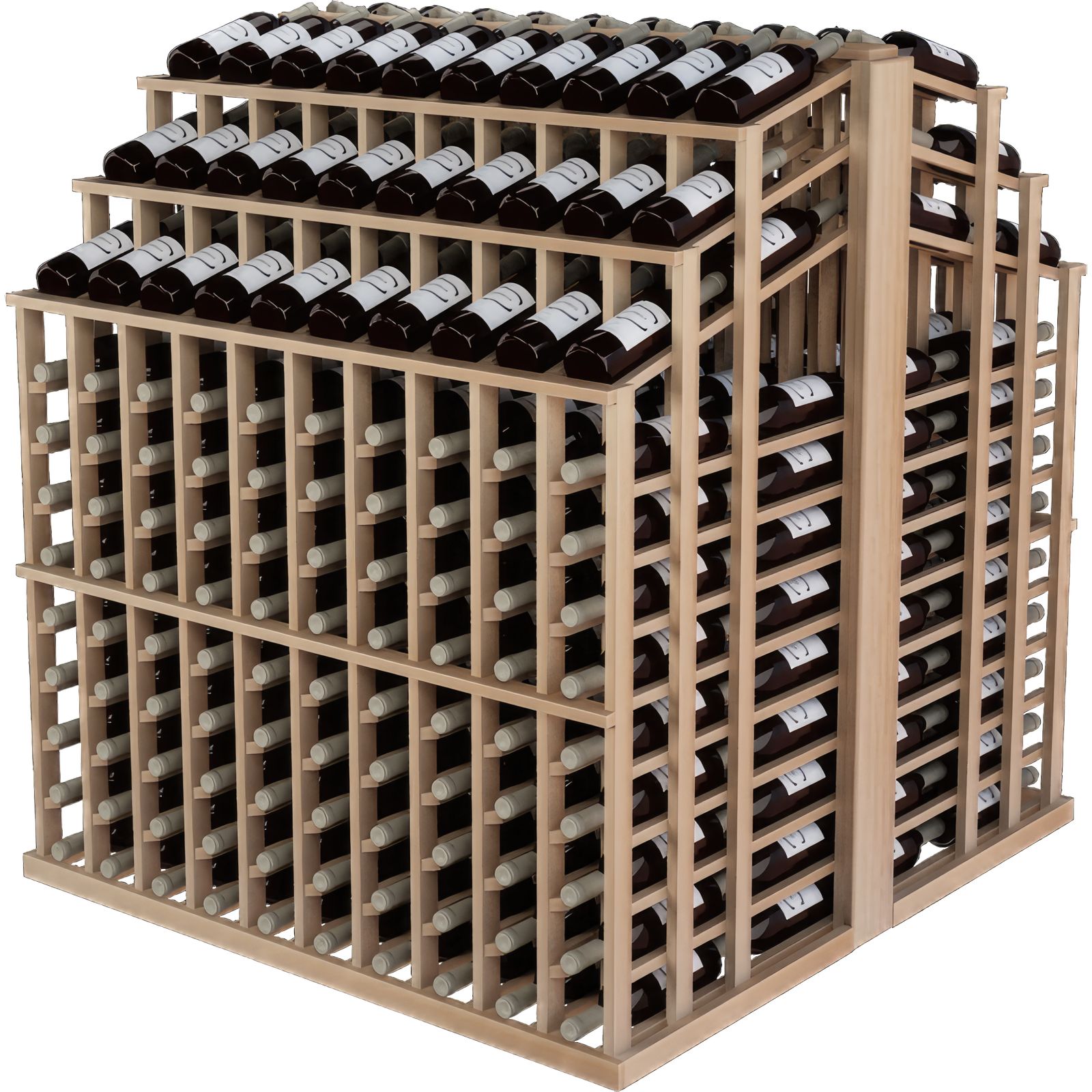 a wooden wine rack filled with lots of bottles of wine . a wooden wine rack filled with lots of bottles of wine .