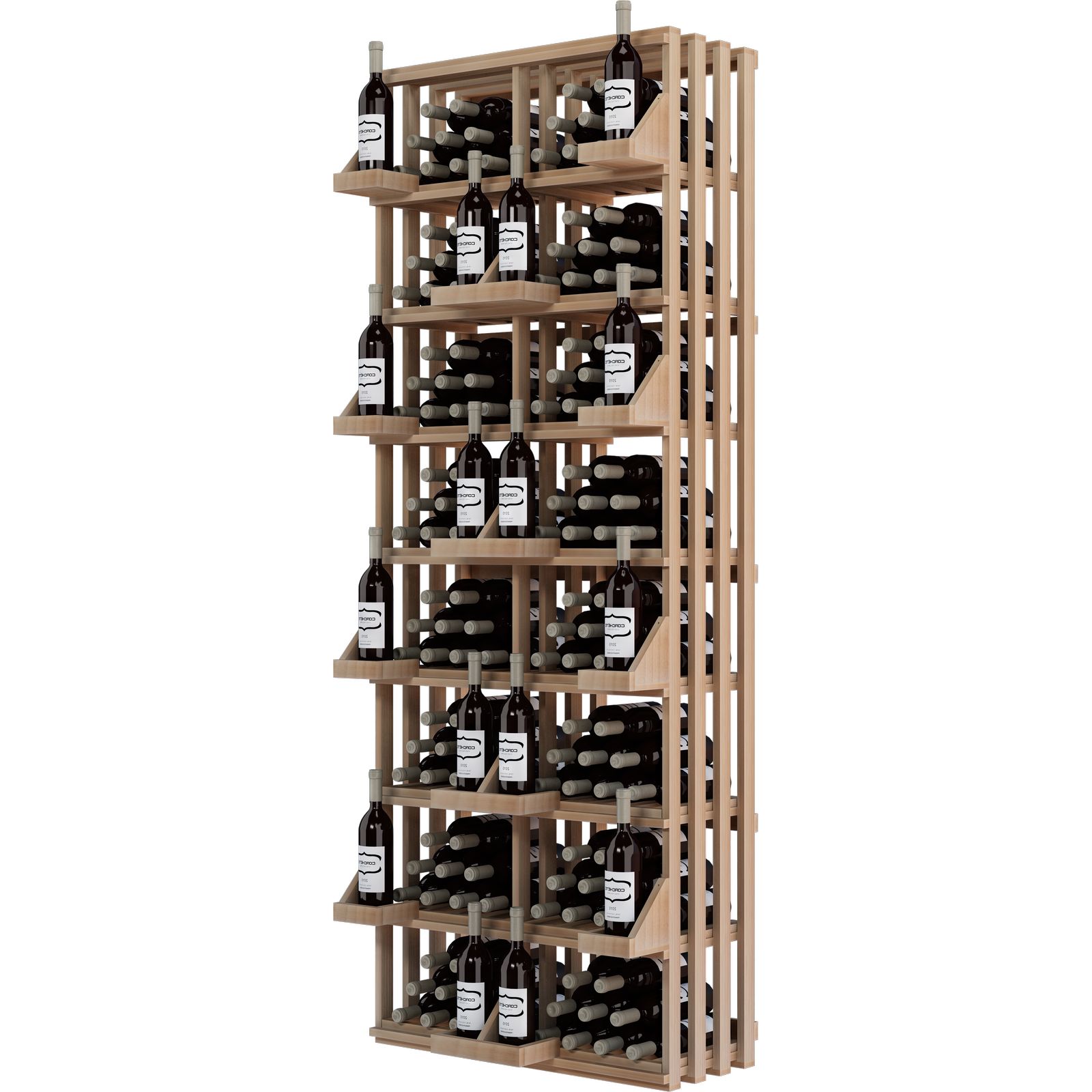 a wooden wine rack filled with bottles of wine on a white background . a wooden wine rack filled with bottles of wine on a white background .