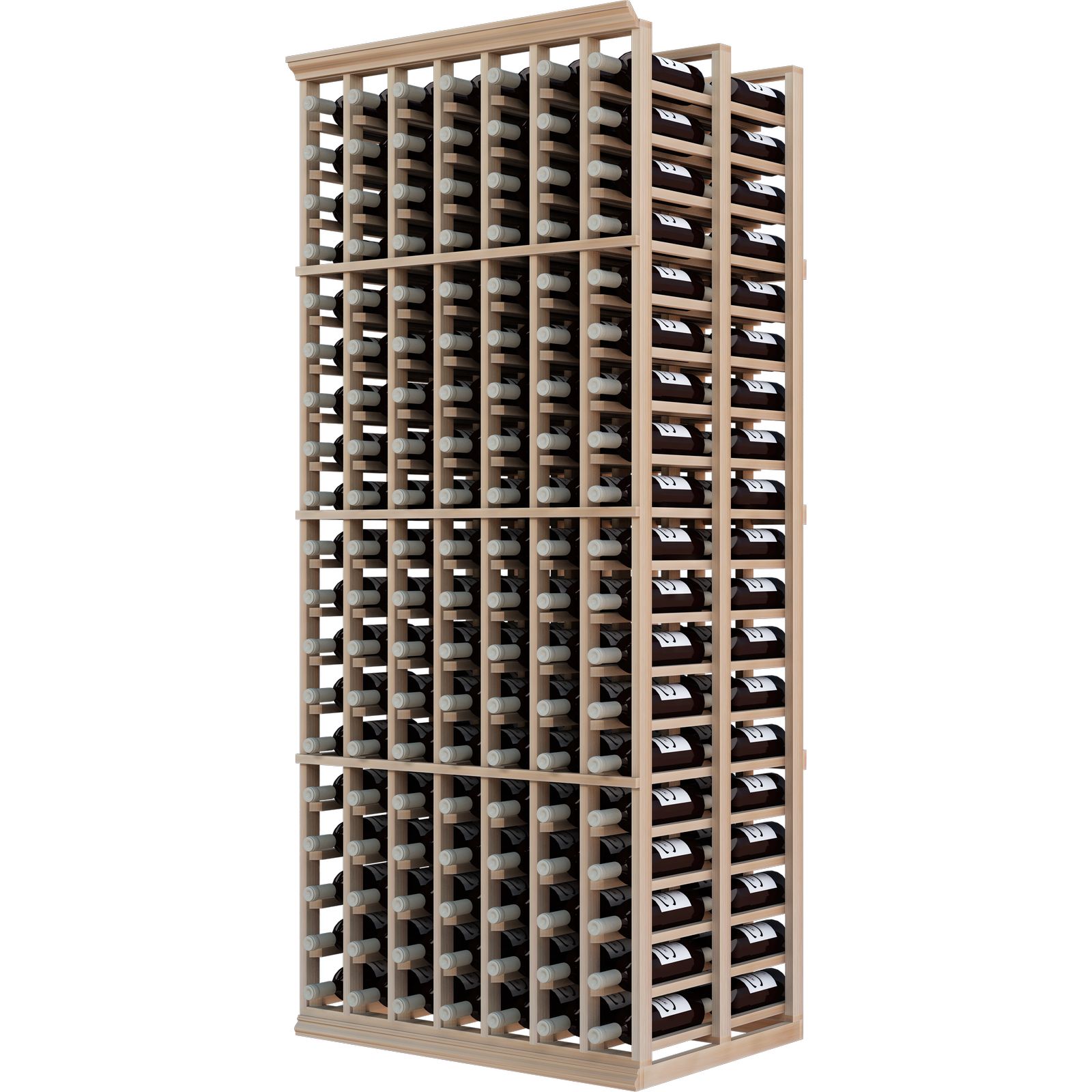 a wooden wine rack filled with bottles of wine on a white background . a wooden wine rack filled with bottles of wine on a white background .