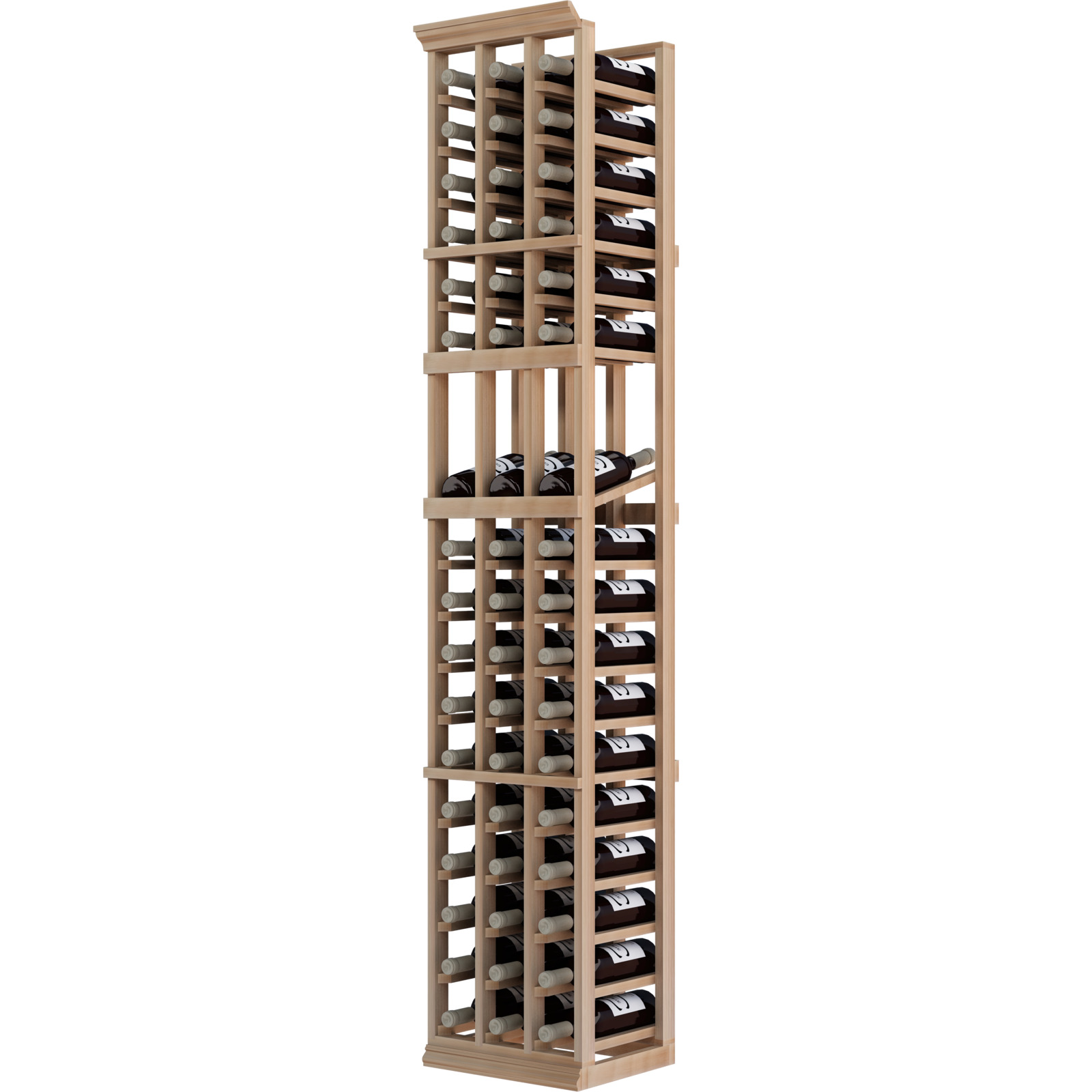 a wooden wine rack filled with bottles of wine on a white background . a wooden wine rack filled with bottles of wine on a white background .