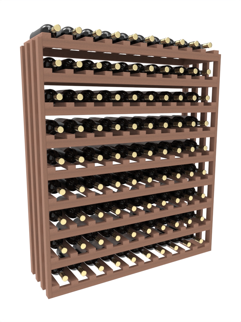 a wooden wine rack filled with bottles of wine